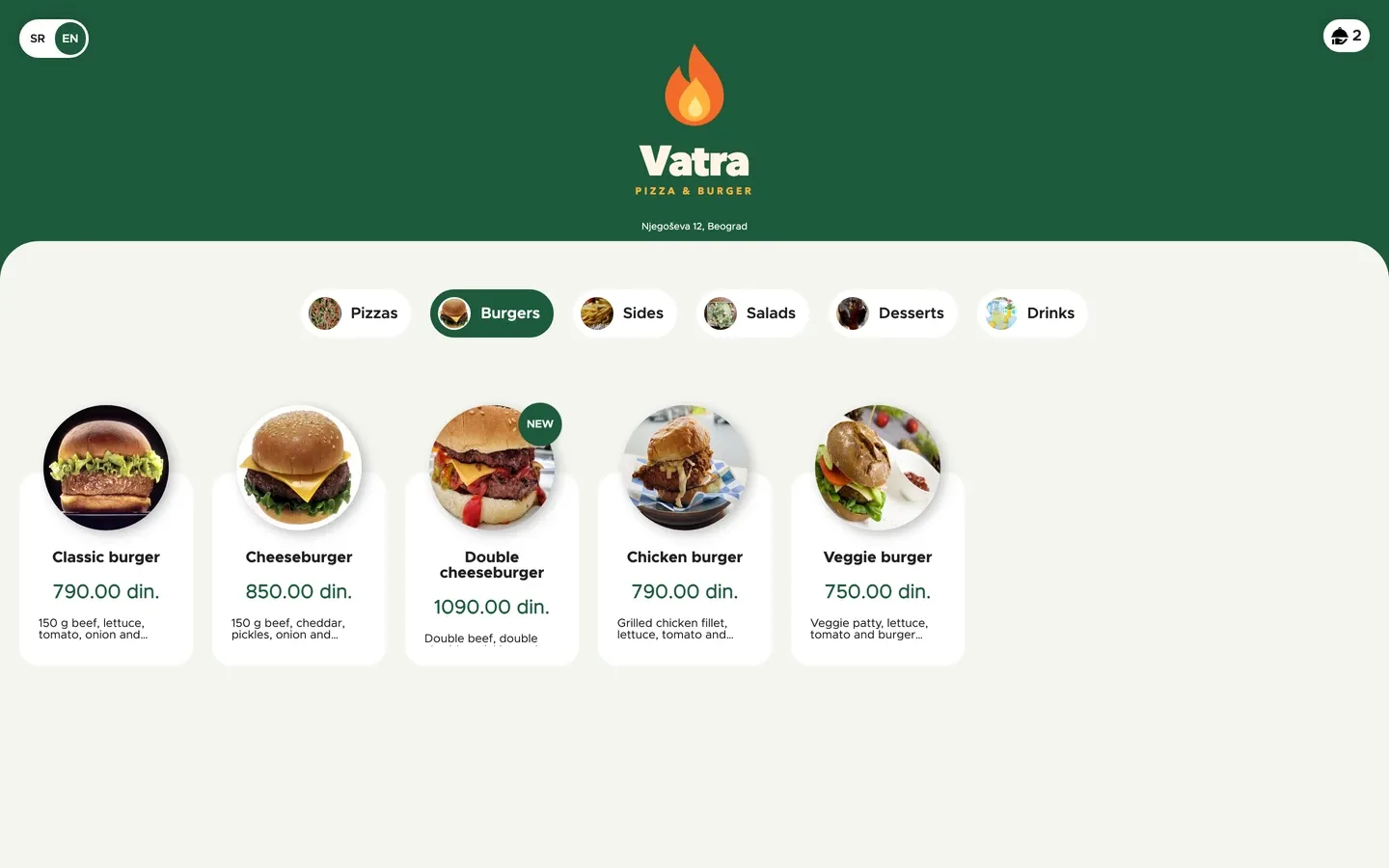 Online ordering on a computer: menu with photos (green)