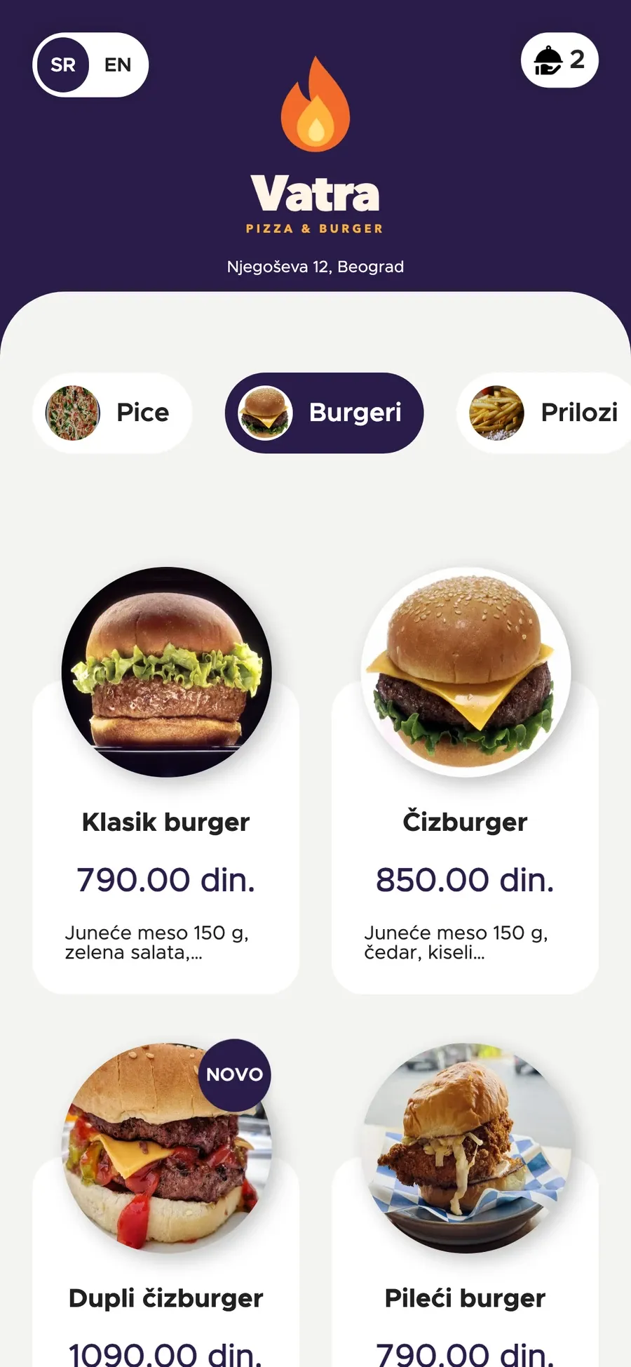 Online poručivanje na telefonu: meni burgera i korpa (ljubičasta)