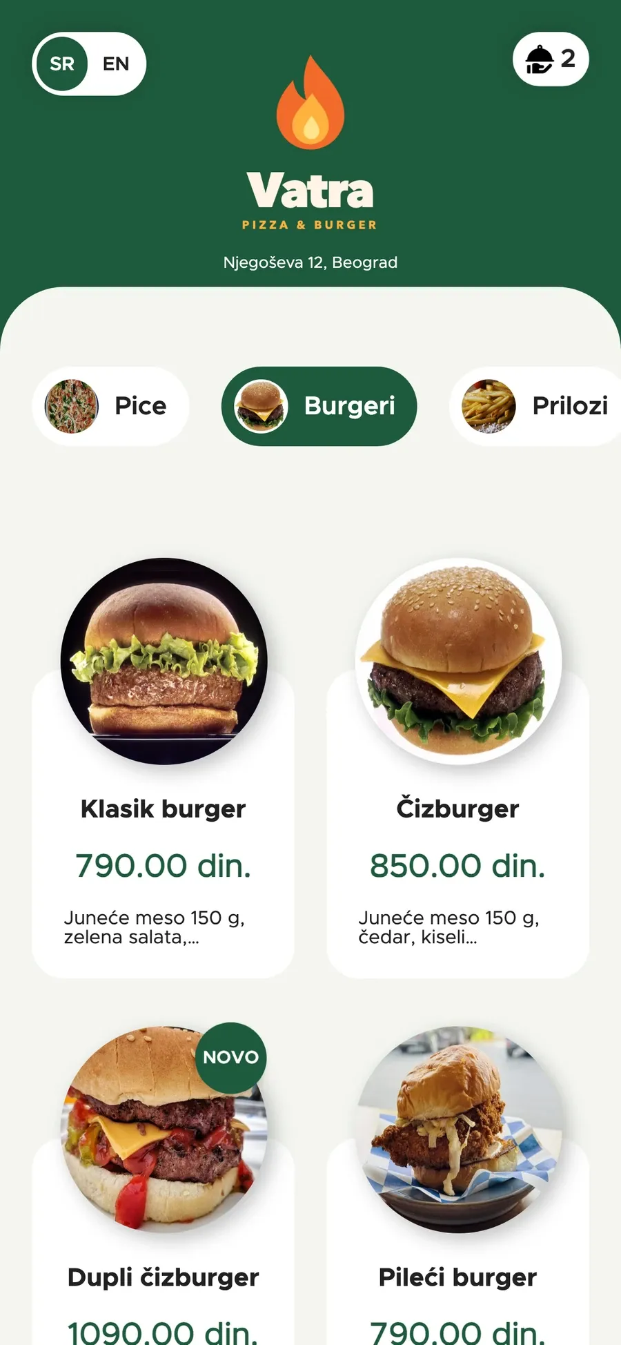 Online poručivanje na telefonu: meni burgera i korpa (zelena)